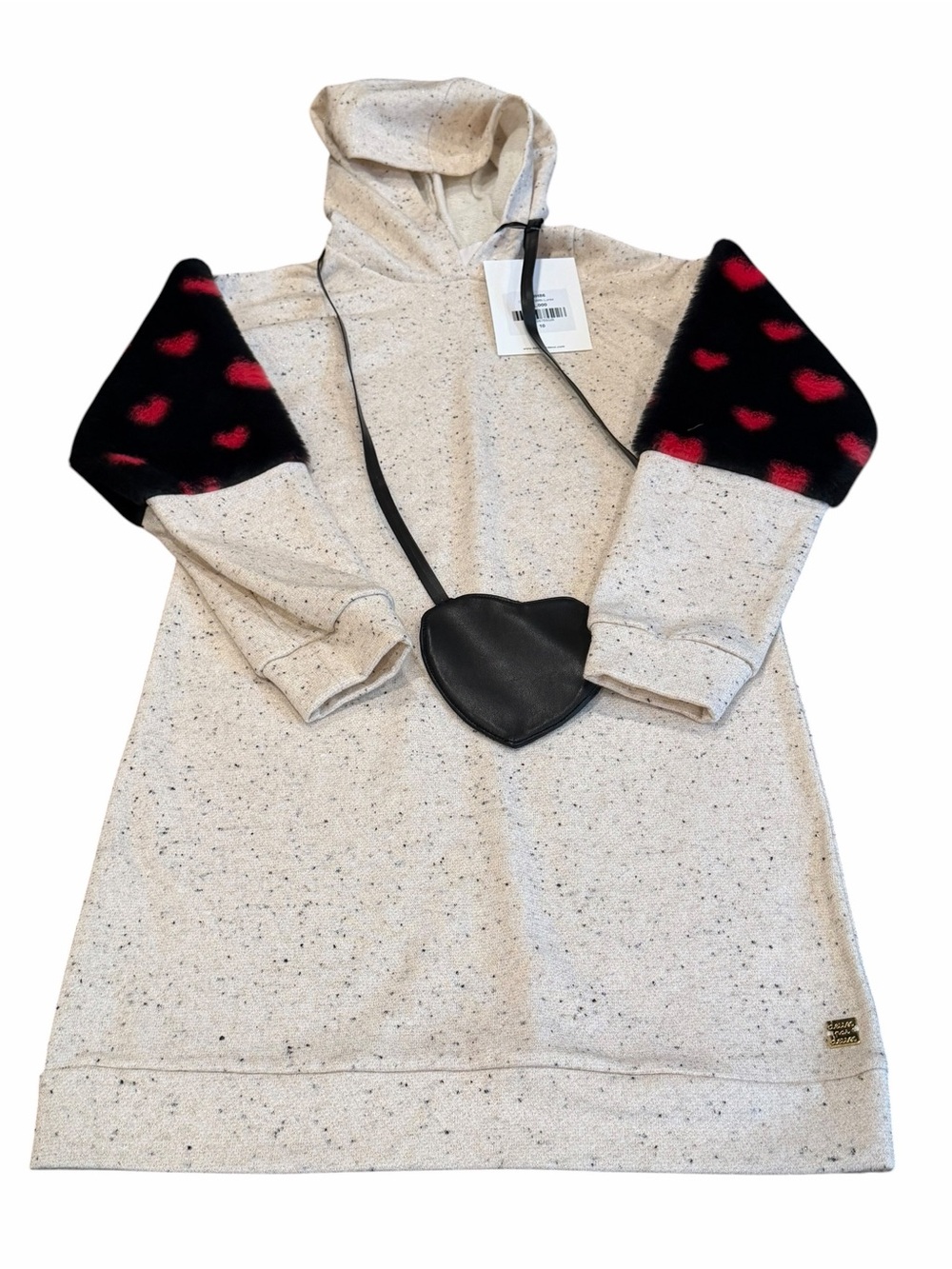 NWT, Deux par deux, Cream Hoodie Dress with Black Sleeves and Red Hearts, Sz 10